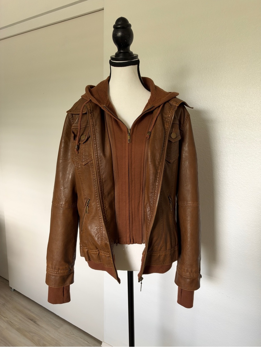 Women's Brown Leather Hooded Jacket with Knit Liner - Classic Casual